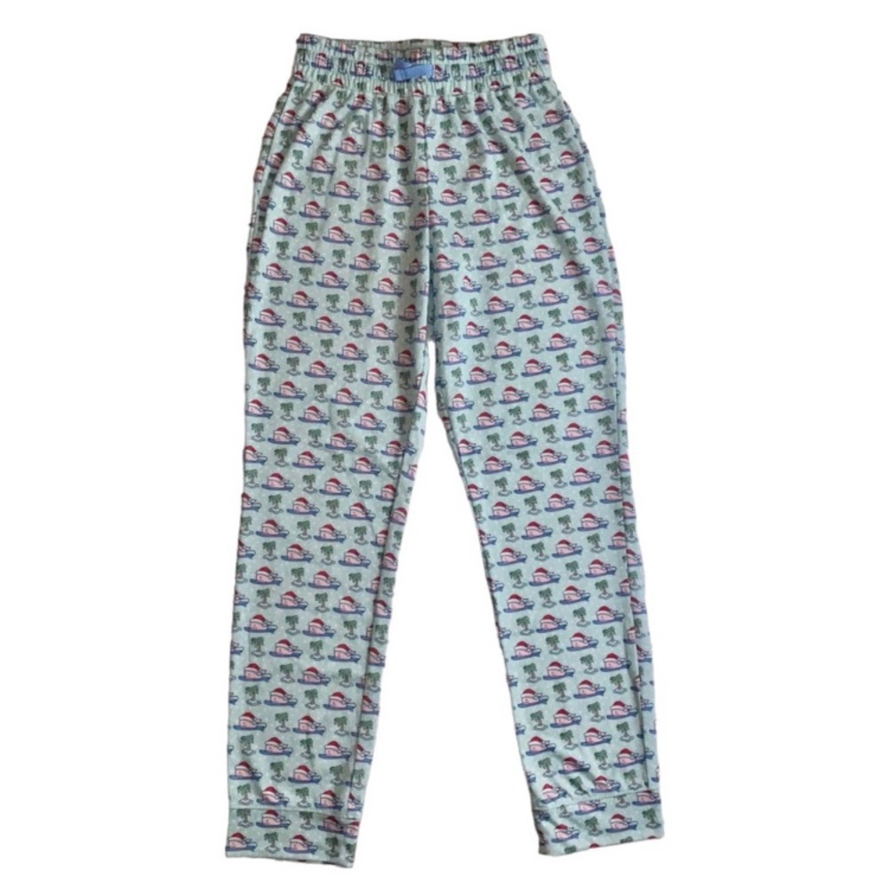 Vineyard Vines Christmas pajama pants teal Santa hat whale palm tree XS 5-6
